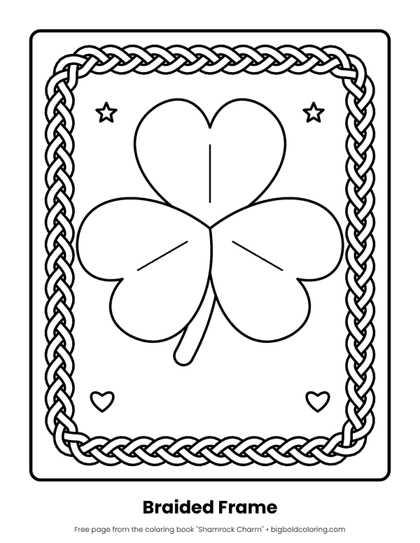 Big Shamrock coloring page: one large three-leaf shamrock inside a braided frame