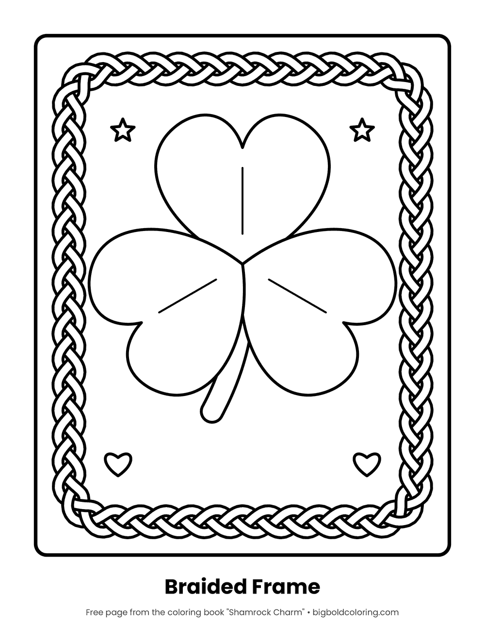 Big Shamrock coloring page: one large three-leaf shamrock inside a braided frame