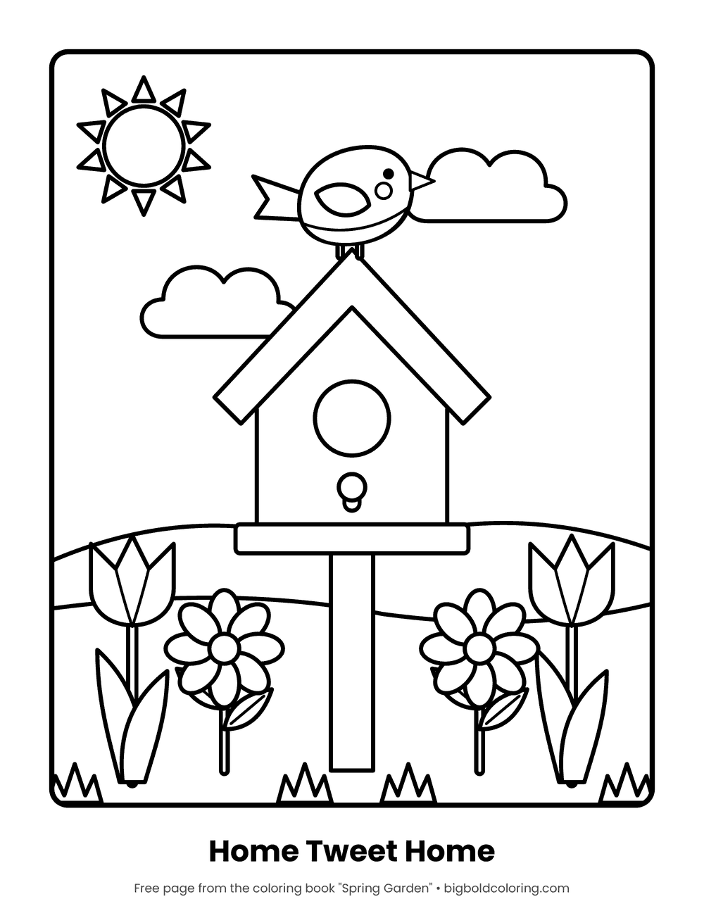 Birdhouse coloring page: a small bird perched on a birdhouse among tulips and daisies