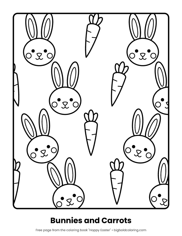 Bunnies and Carrots Pattern coloring page: a repeating pattern of bunny faces and carrots