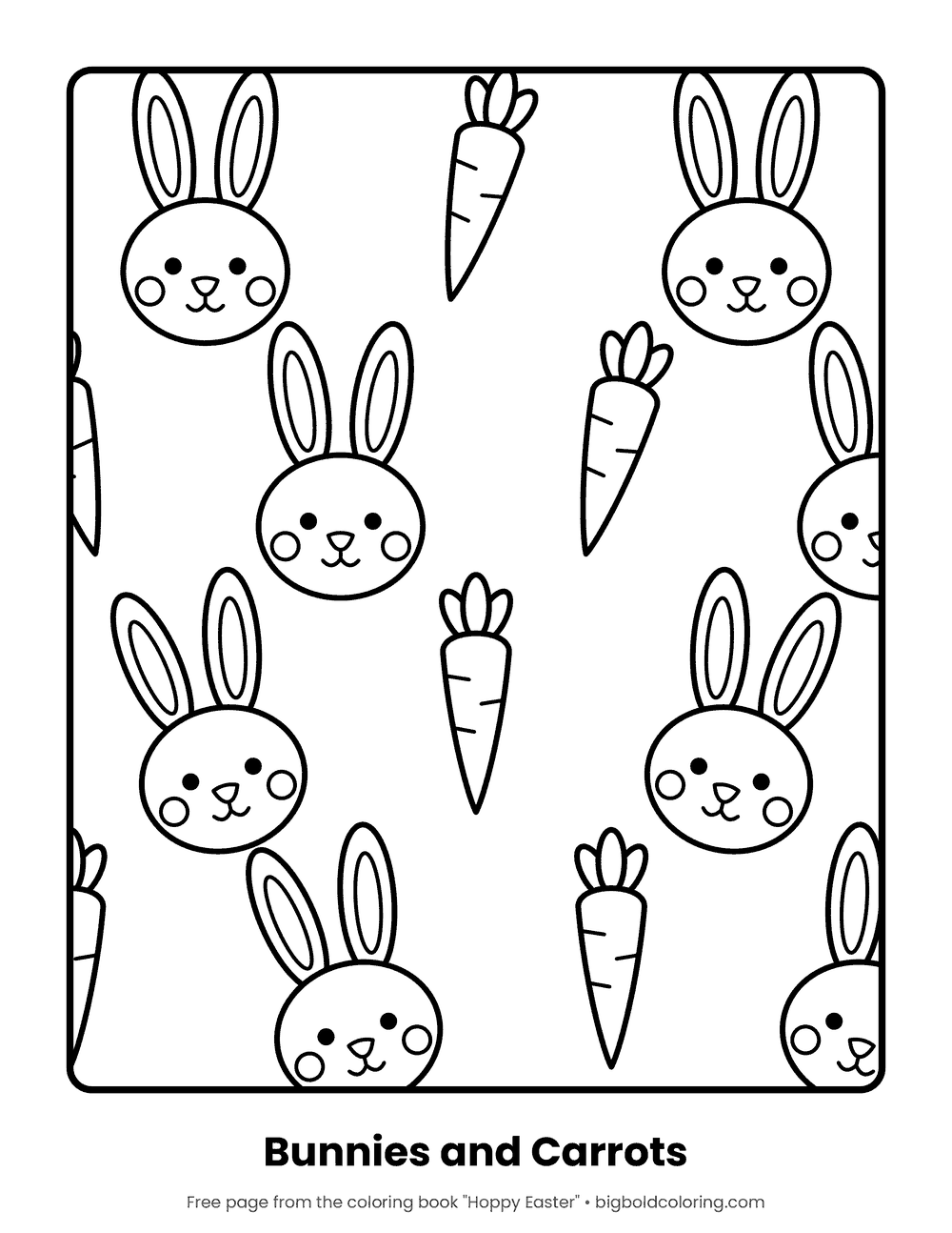 Bunnies and Carrots Pattern coloring page: a repeating pattern of bunny faces and carrots
