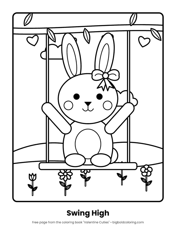 Bunny on a Swing coloring page: a bunny with a bow riding a swing above a row of flowers