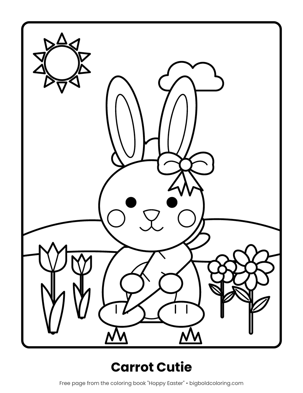 Bunny with Carrot coloring page: a bunny with a bow holding a carrot among tulips and daisies
