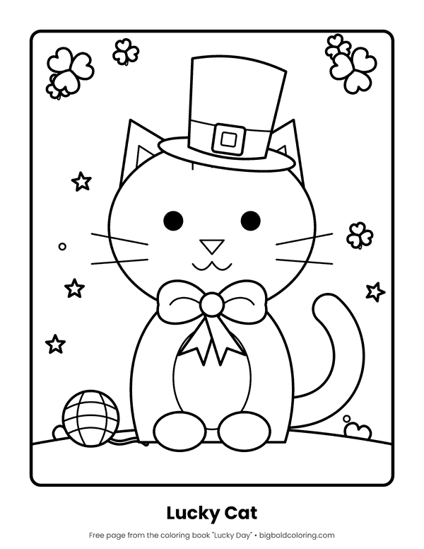 Cat in a Leprechaun Hat coloring page: a cat wearing a tall buckled hat and a bow tie, with shamrocks around it