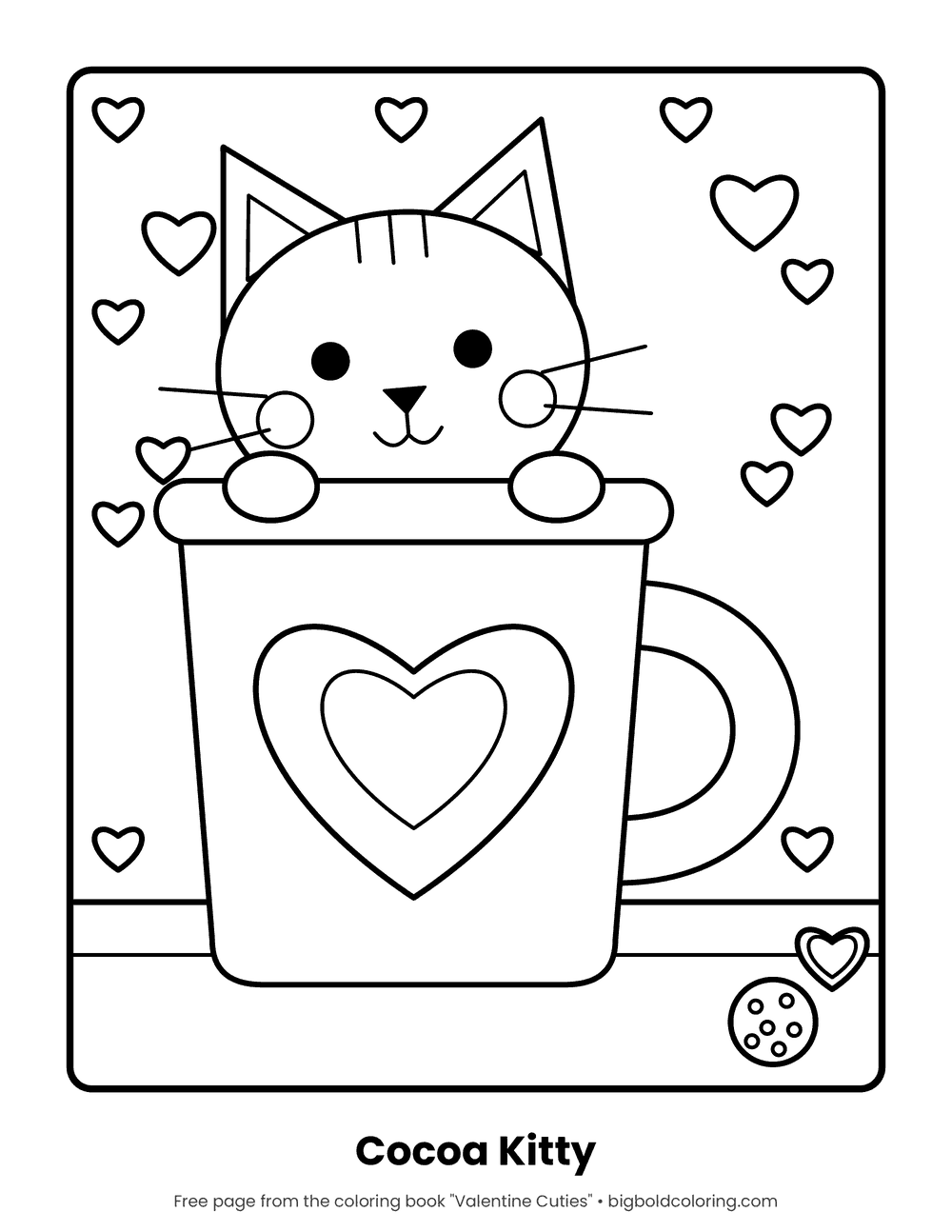 Cat in a Mug coloring page: a kitten peeking out of a big mug with a heart on it