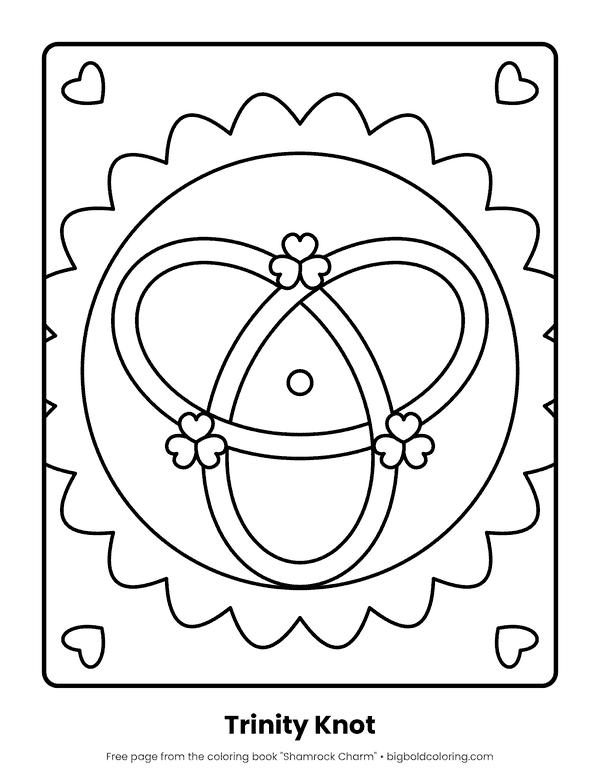 Celtic Trinity Knot coloring page: a trinity knot inside a circle with a scalloped edge and small shamrocks