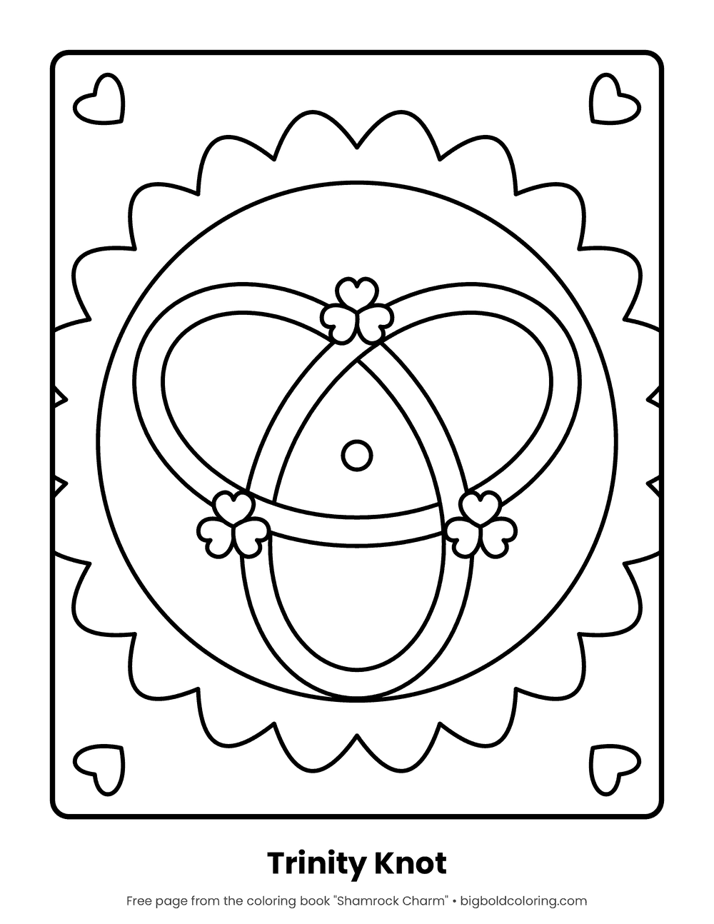 Celtic Trinity Knot coloring page: a trinity knot inside a circle with a scalloped edge and small shamrocks