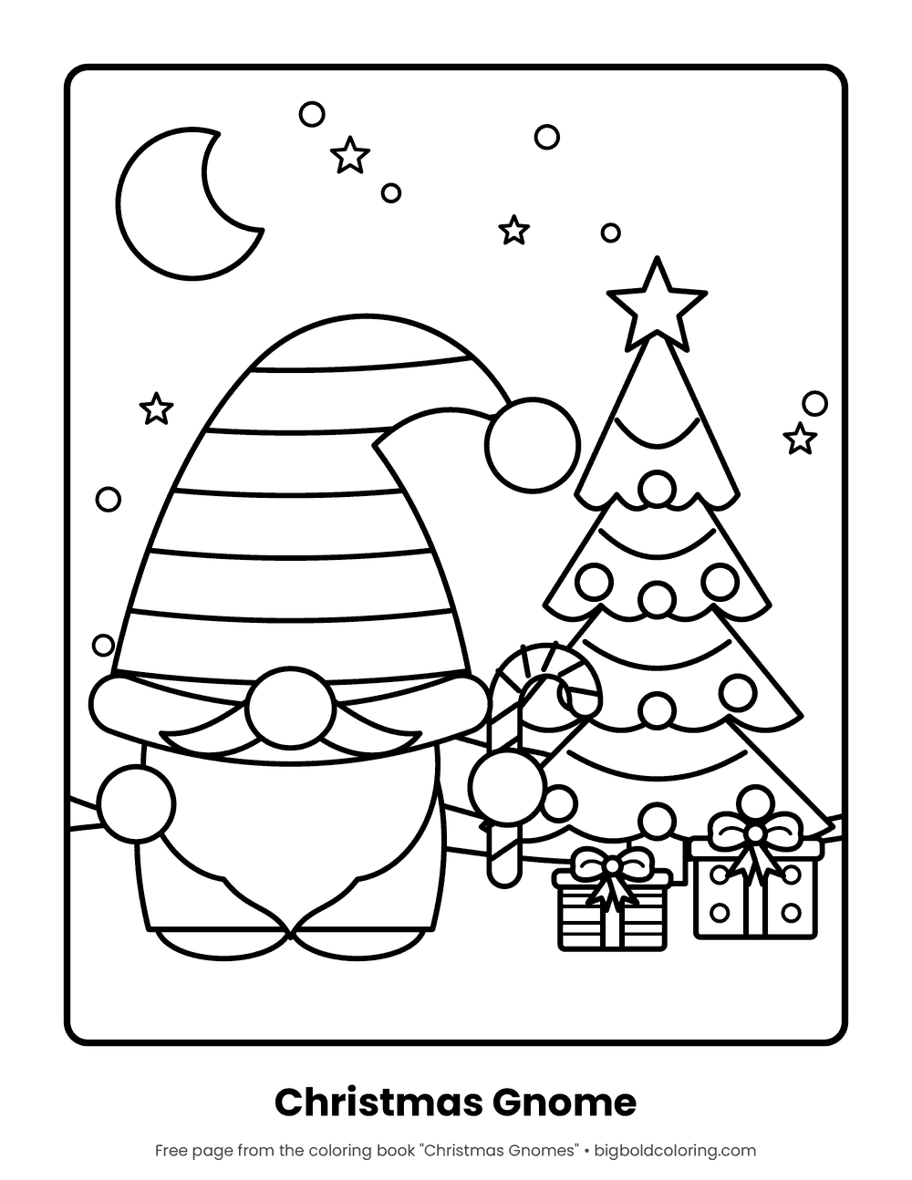 Christmas Gnome coloring page: a gnome in a striped hat holding a candy cane next to a decorated Christmas tree