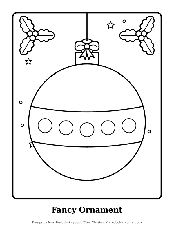Christmas Ornament coloring page: a large round Christmas ornament with a band of circles, a bow and sprigs of holly