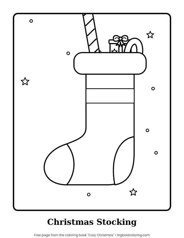 Christmas Stocking coloring page: a large Christmas stocking with a candy cane and a small present poking out of the top