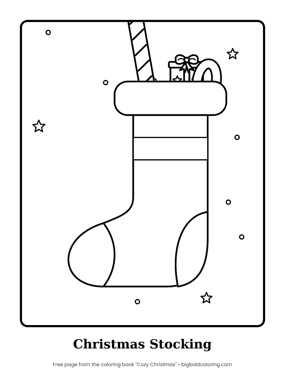 Christmas Stocking coloring page: a large Christmas stocking with a candy cane and a small present poking out of the top