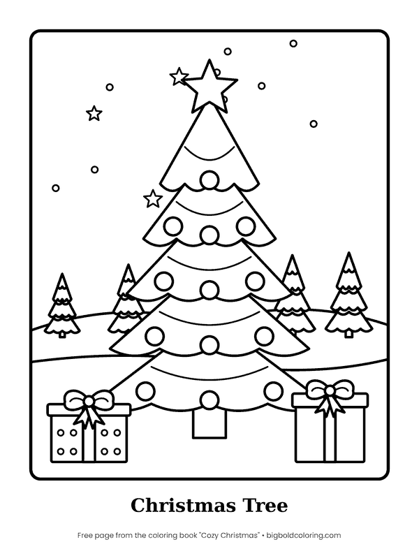 Christmas Tree with Presents coloring page: a decorated Christmas tree with a star on top and wrapped presents underneath