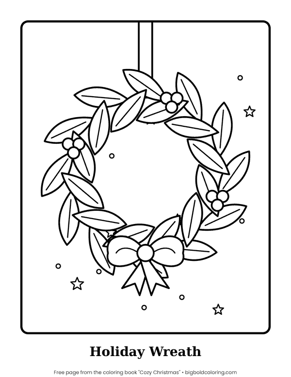 Christmas Wreath coloring page: a leafy Christmas wreath with berries and a large bow, hanging from a ribbon