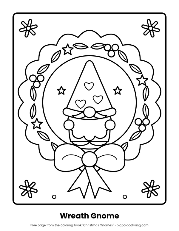 Christmas Wreath Gnome coloring page: a gnome sitting inside a leafy Christmas wreath tied with a large bow