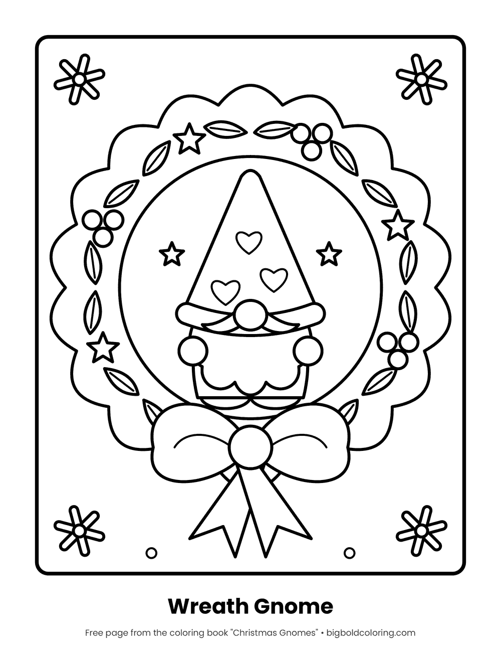 Christmas Wreath Gnome coloring page: a gnome sitting inside a leafy Christmas wreath tied with a large bow