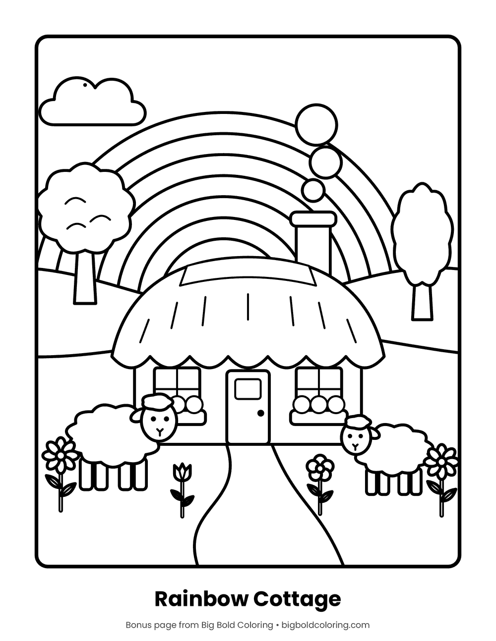 Cottage with Rainbow coloring page: a thatched cottage with two sheep in front and a rainbow behind