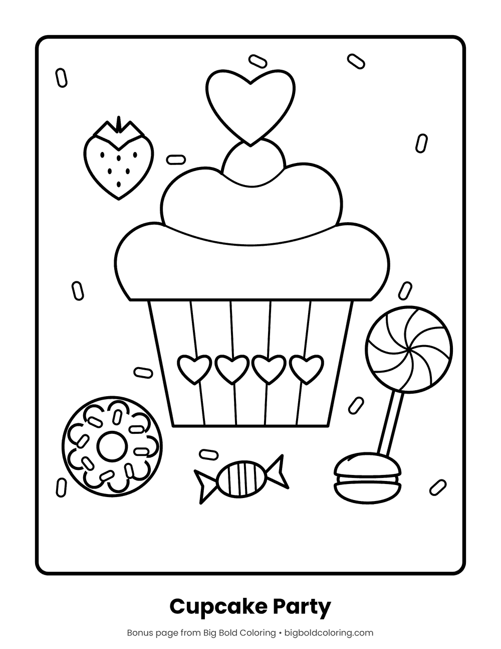 Cupcake and Sweets coloring page: a cupcake with a heart on top, surrounded by a donut, lollipop, candy and macaron