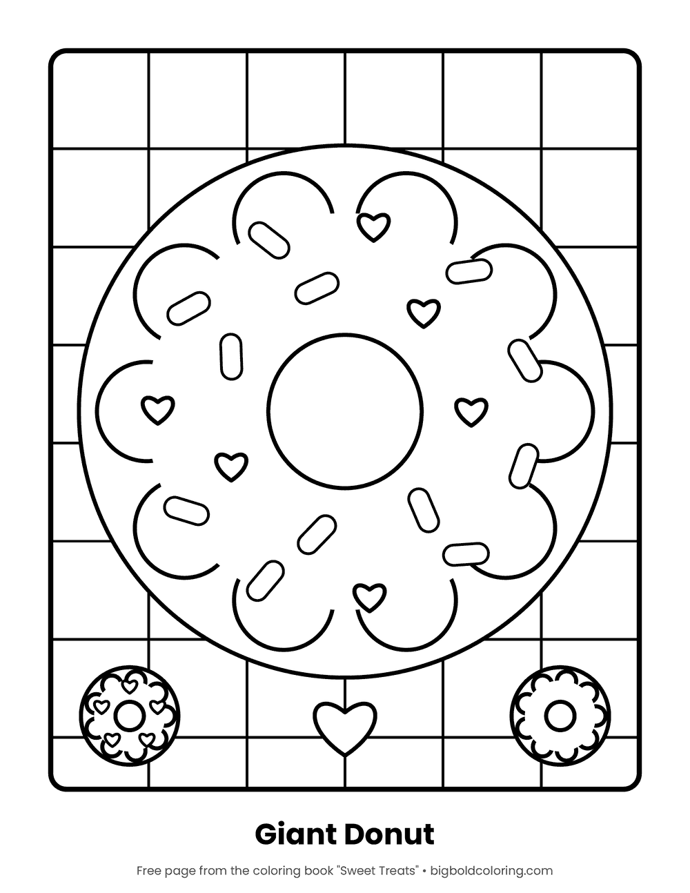 Donut coloring page: a giant frosted donut with sprinkles on a checked tablecloth