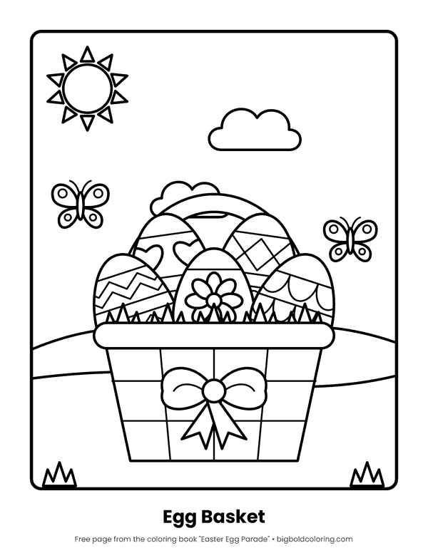 Easter Basket coloring page: a woven basket with a bow, filled with decorated Easter eggs