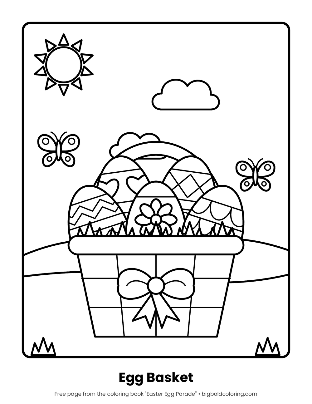 Easter Basket coloring page: a woven basket with a bow, filled with decorated Easter eggs