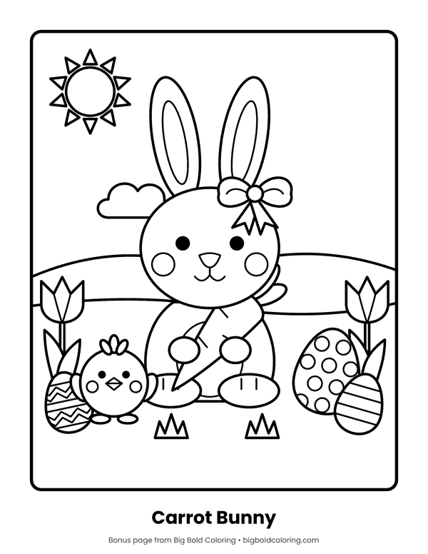 Easter Bunny with Chick and Eggs coloring page: a bunny holding a carrot beside a chick, tulips and decorated eggs