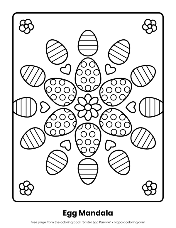 Easter Egg Mandala coloring page: a mandala made of dotted and striped Easter eggs around a flower