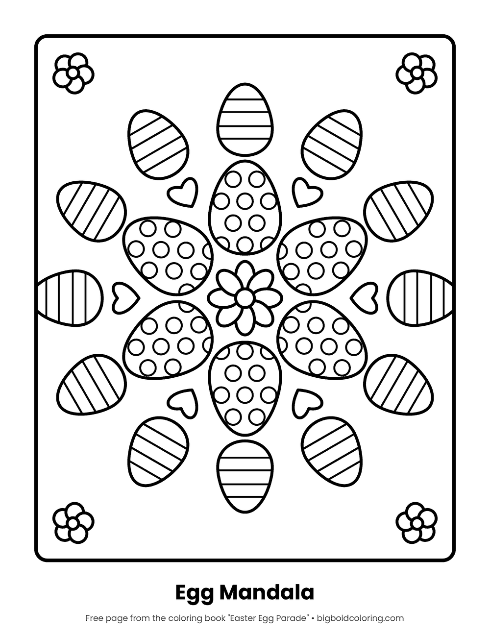 Easter Egg Mandala coloring page: a mandala made of dotted and striped Easter eggs around a flower