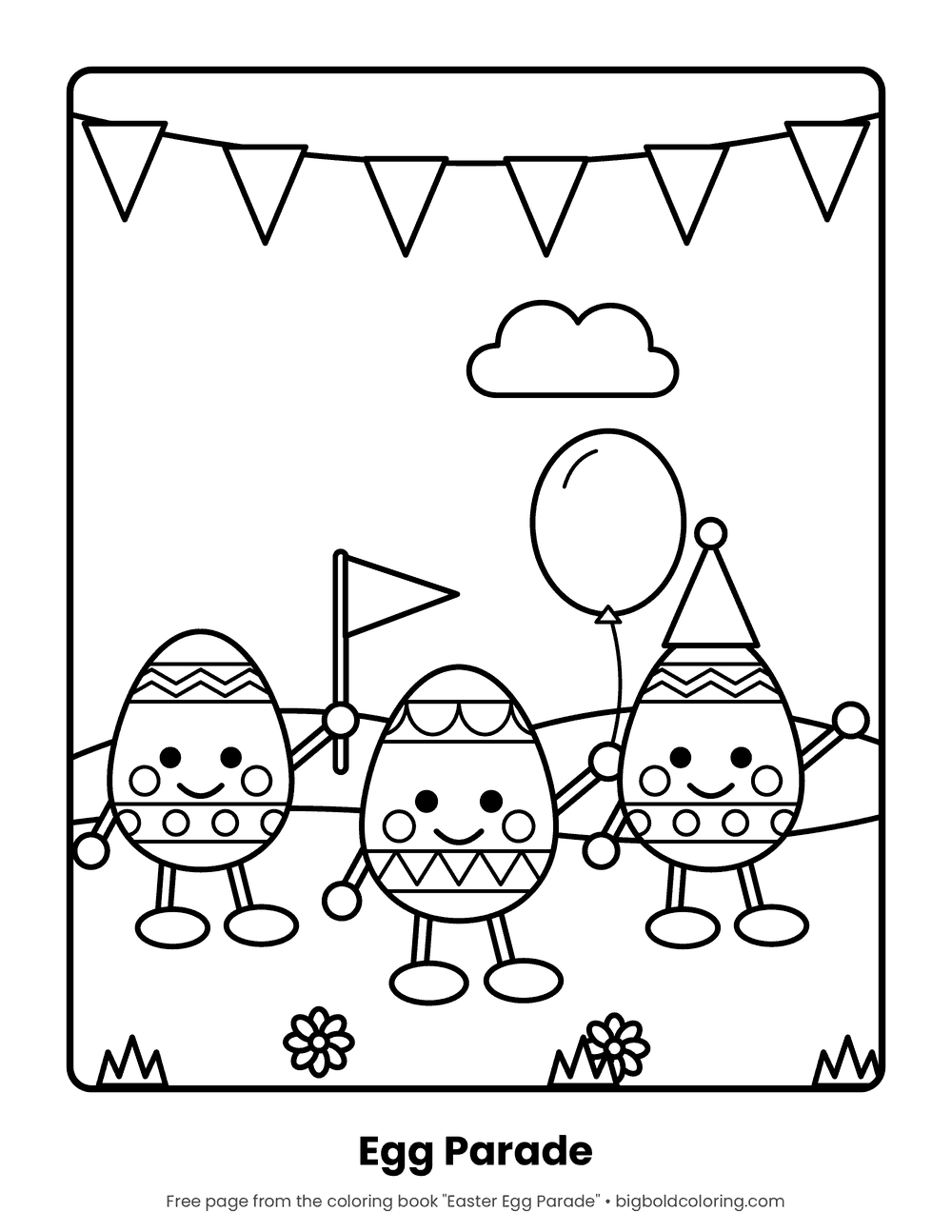 Easter Egg Parade coloring page: three smiling Easter eggs marching with a flag, a balloon and a party hat