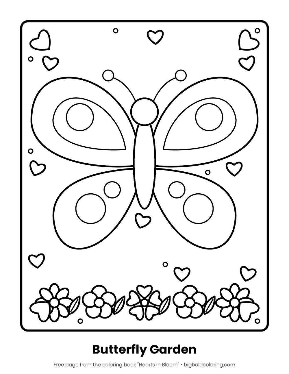 Easy Butterfly coloring page: a large butterfly with round wing spots above a row of flowers