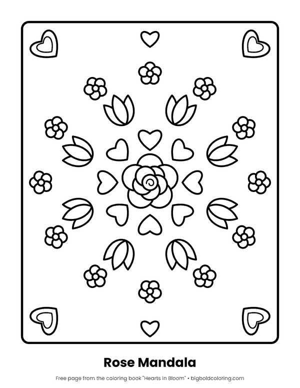 Easy Rose Mandala coloring page: a round mandala made of a rose, hearts, tulips and small flowers
