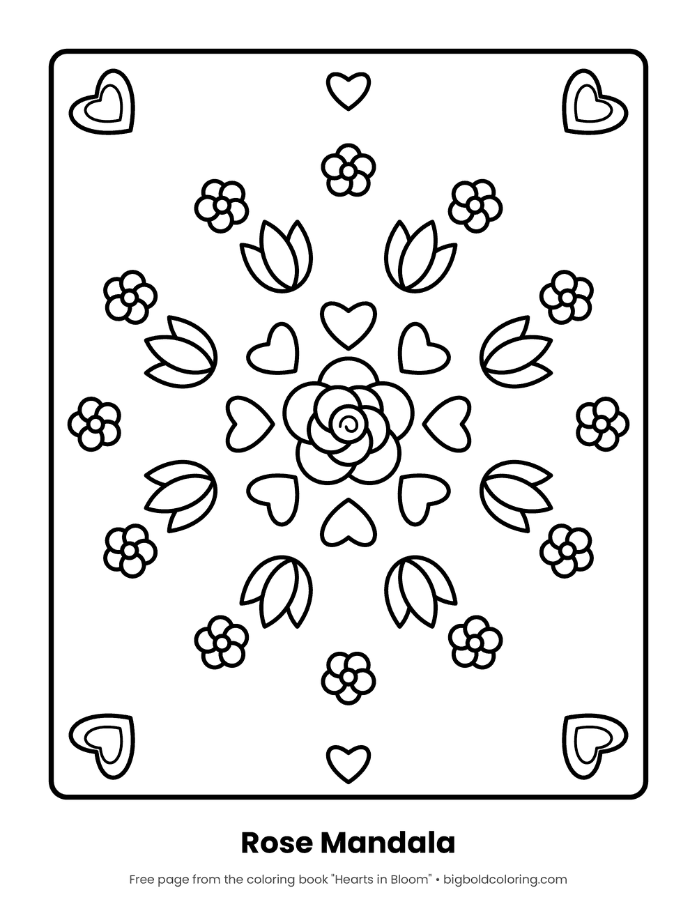 Easy Rose Mandala coloring page: a round mandala made of a rose, hearts, tulips and small flowers