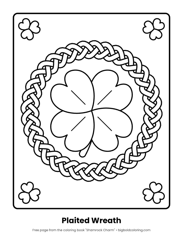 Four-Leaf Clover coloring page: a four-leaf clover inside a round plaited wreath