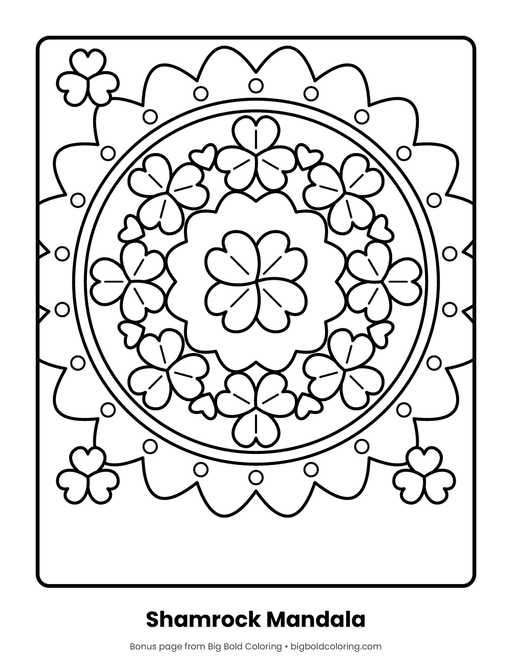Four-Leaf Clover Mandala coloring page: a round mandala built from rings of four-leaf clovers and shamrocks