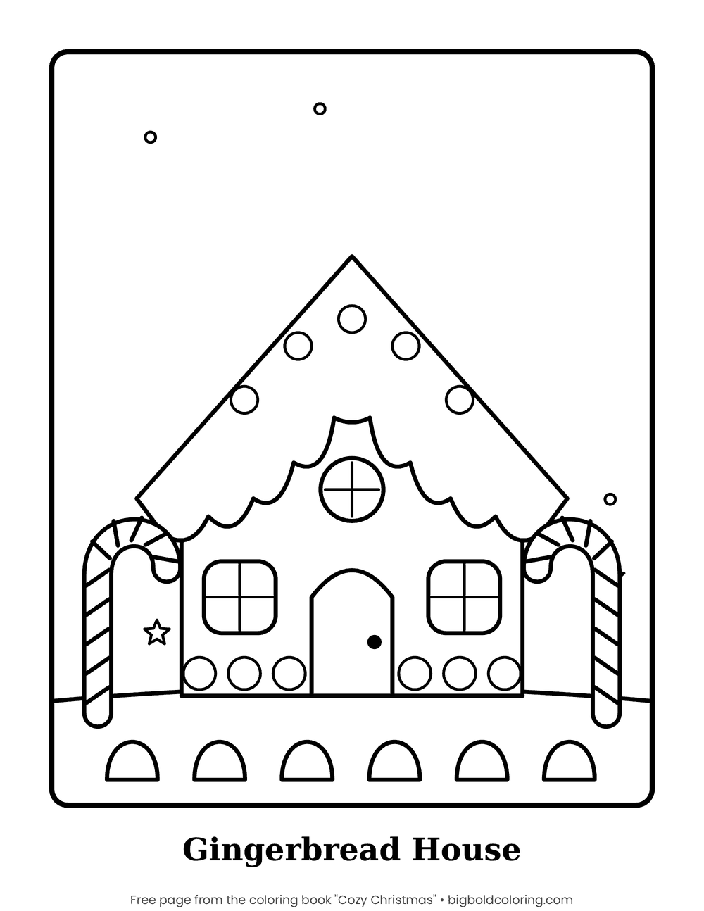 Gingerbread House coloring page: a gingerbread house with an icing roof, gumdrops and two candy canes by the door