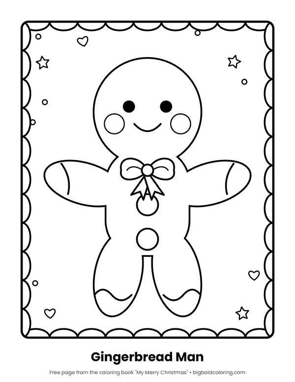 Gingerbread Man coloring page: a smiling gingerbread man with a bow tie, a button and icing trim