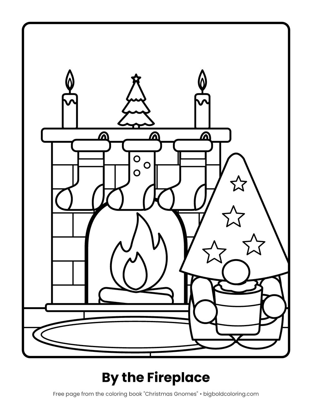 Gnome by the Fireplace coloring page: a gnome holding a mug beside a brick fireplace hung with stockings