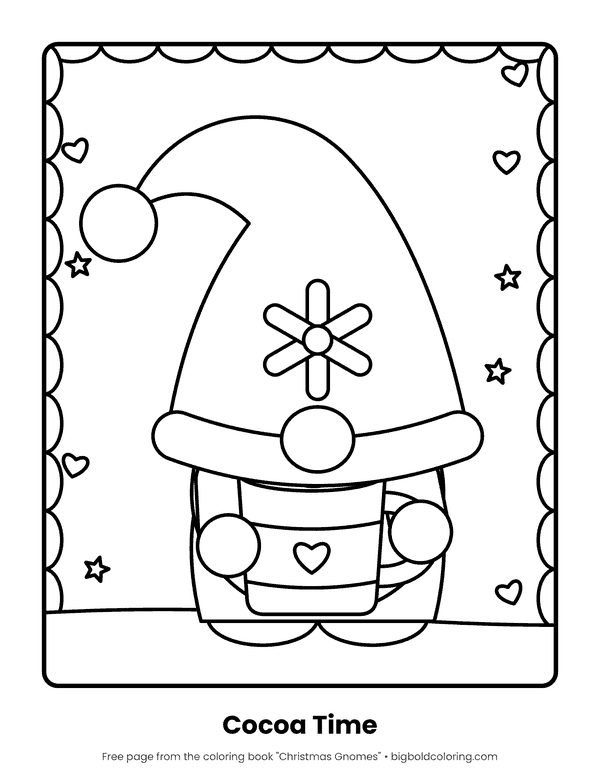 Gnome with Hot Cocoa coloring page: a gnome in a tall hat with a snowflake on it, holding a mug of cocoa