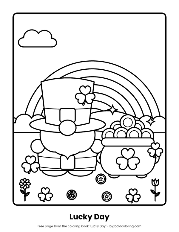 Gnome with Rainbow and Pot of Gold coloring page: a gnome in a buckled hat next to a pot of gold coins, under a rainbow
