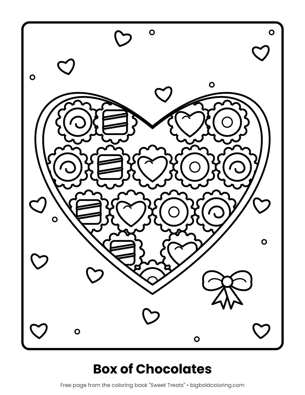 Heart Box of Chocolates coloring page: an open heart-shaped box filled with rows of chocolates