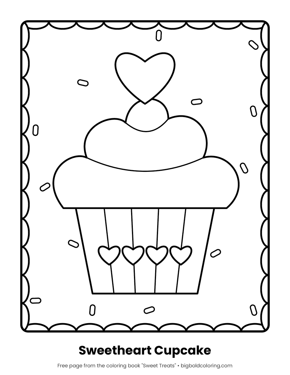 Heart Cupcake coloring page: a large cupcake topped with a heart, with hearts on the wrapper