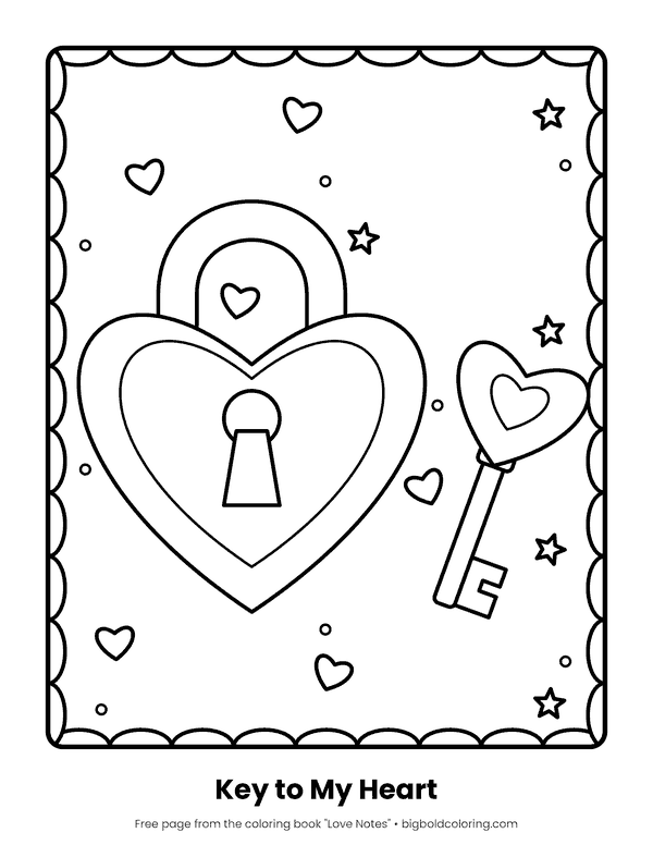 Heart Lock and Key coloring page: a heart-shaped padlock and a key with a heart handle
