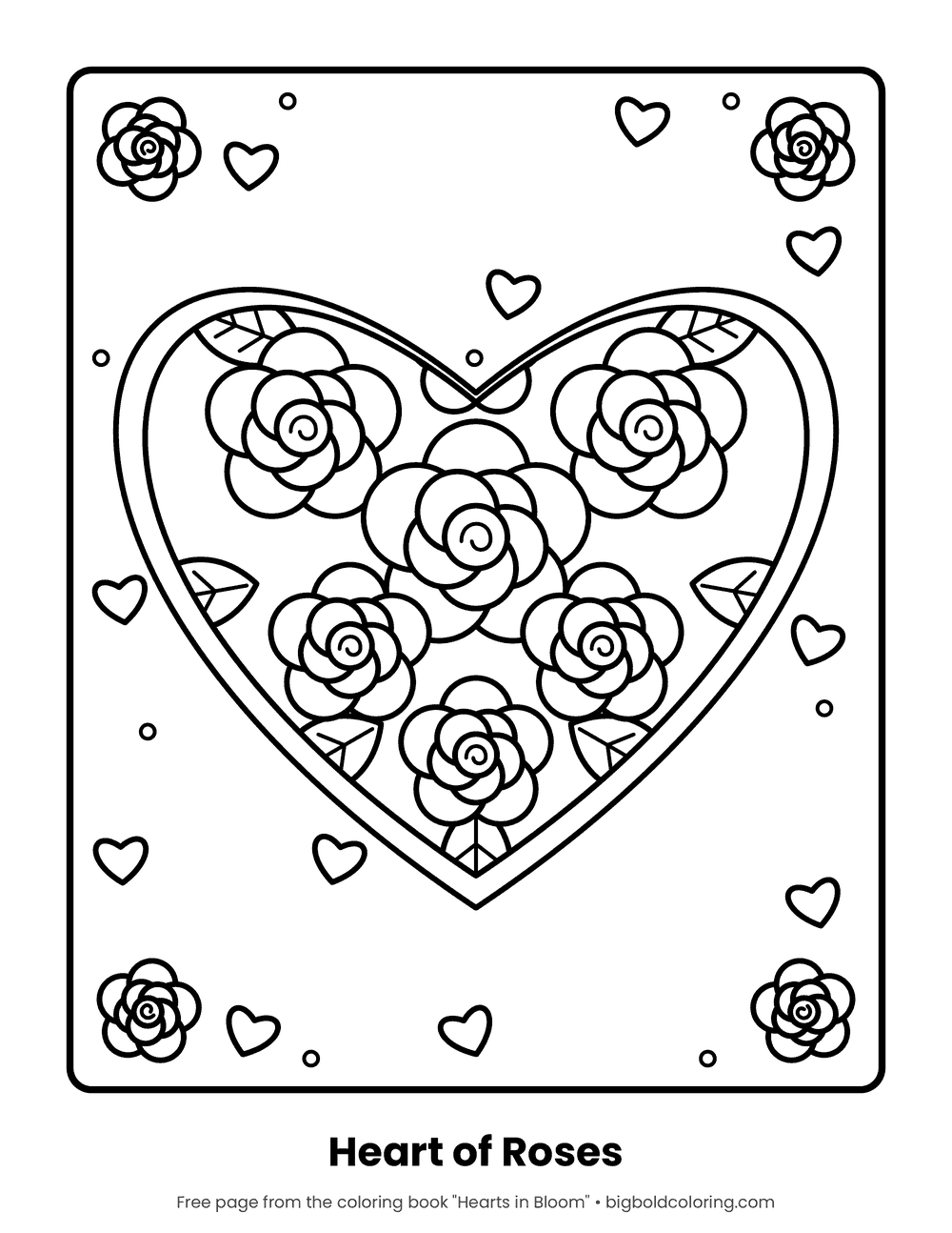 Heart of Roses coloring page: a large heart filled with roses and leaves