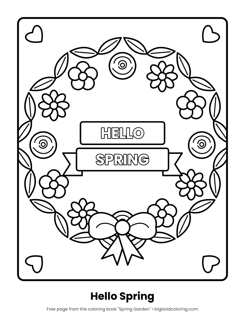 Hello Spring Wreath coloring page: a flower wreath with a bow around the words Hello Spring