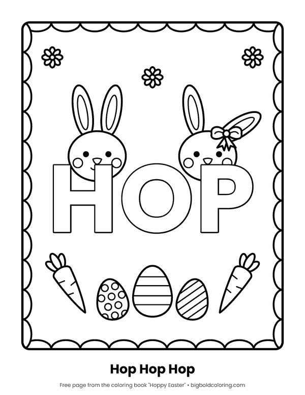 HOP Easter Bunnies coloring page: two bunnies peeking over the word HOP, with carrots and eggs below