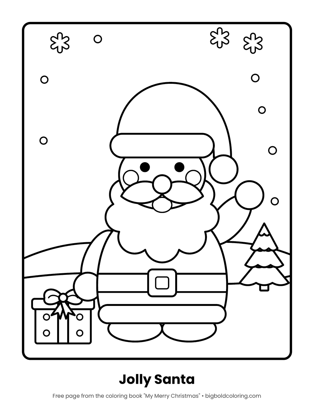 Jolly Santa coloring page: a waving Santa standing in the snow beside a present and a small pine tree