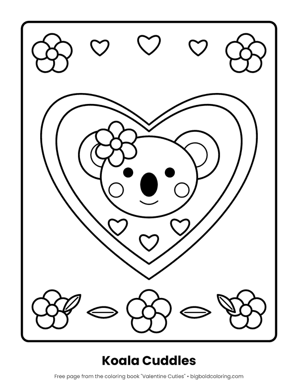 Koala in a Heart coloring page: a koala face with a flower, framed by a large double heart