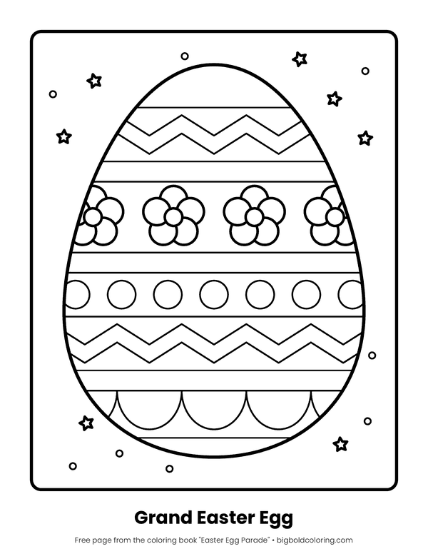 Large Easter Egg coloring page: one large Easter egg with bands of zigzags, flowers, circles and scallops