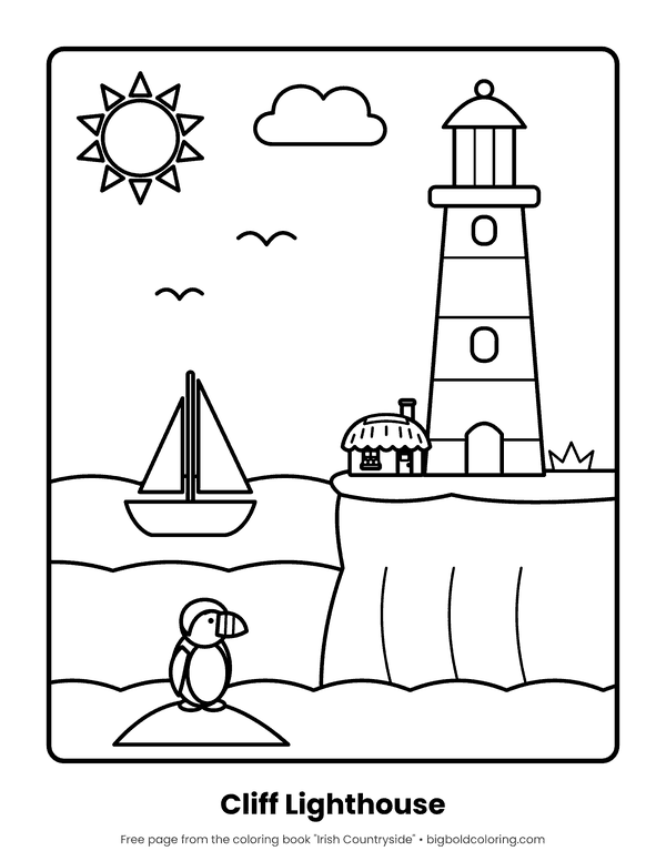 Lighthouse coloring page: a striped lighthouse on a cliff with a sailboat, a cottage and a puffin