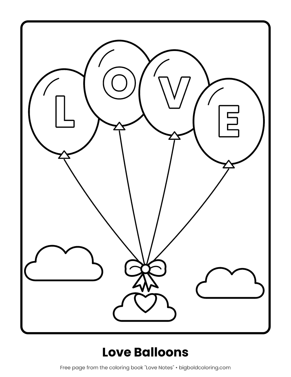 LOVE Balloons coloring page: four balloons spelling LOVE, tied together with a bow