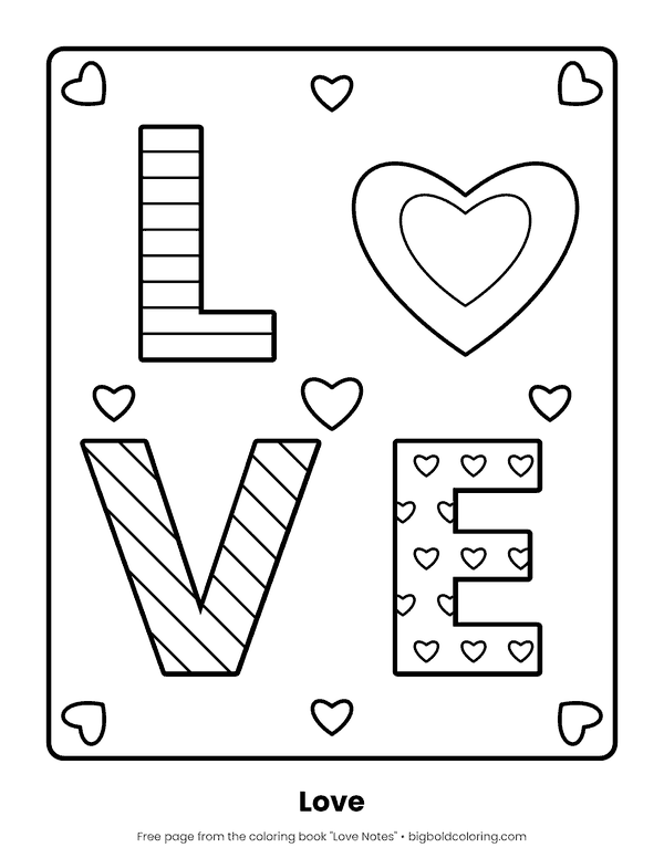 LOVE Word coloring page: the word LOVE in big block letters, with a heart in place of the O